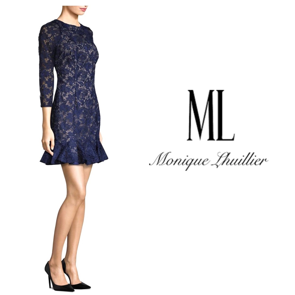 Monique Lhuillier Lace Overlay Peplum Hem Dress